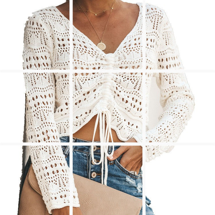 Damen luftige Strickjacke mit raffiniertem Lochmuster und Kordelzug ModeGeist
