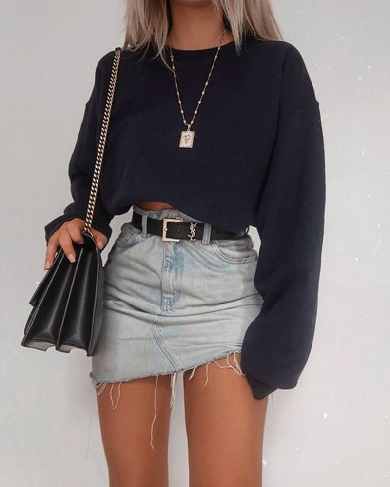 Fudus Damen Langarm Crop T-Shirt