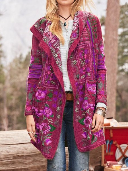 Damen kunstvoll bestickte Strickjacke mit Kapuze und Taschen ModeGeist