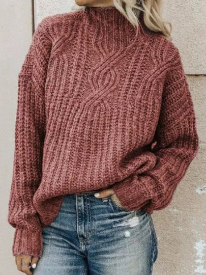 Damen Strickpullover mit hohem Kragen und Zopfmuster ModeGeist
