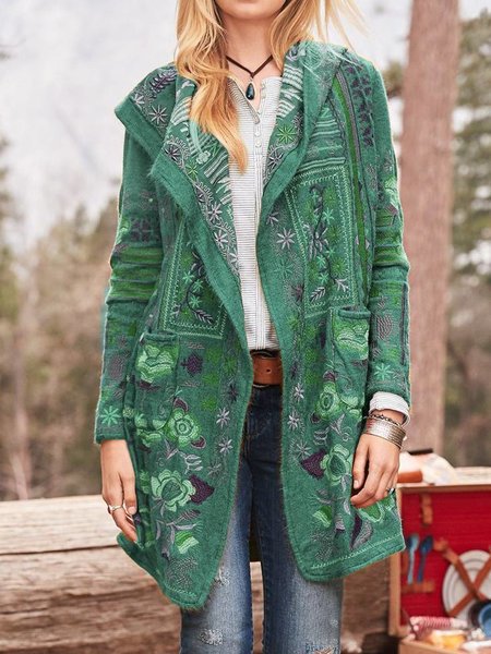 Damen kunstvoll bestickte Strickjacke mit Kapuze und Taschen ModeGeist