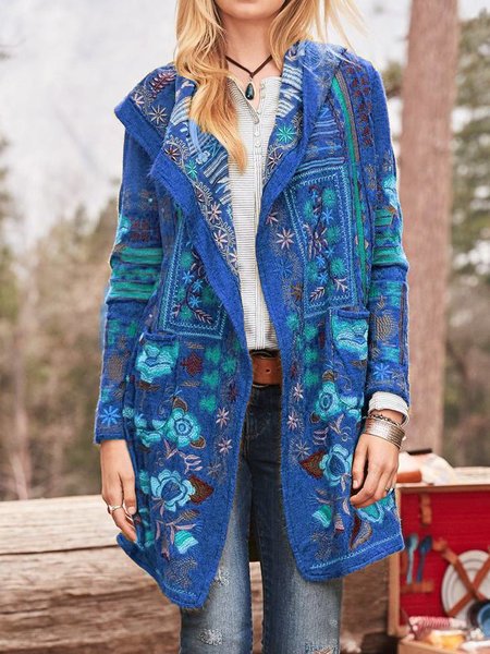 Damen kunstvoll bestickte Strickjacke mit Kapuze und Taschen ModeGeist