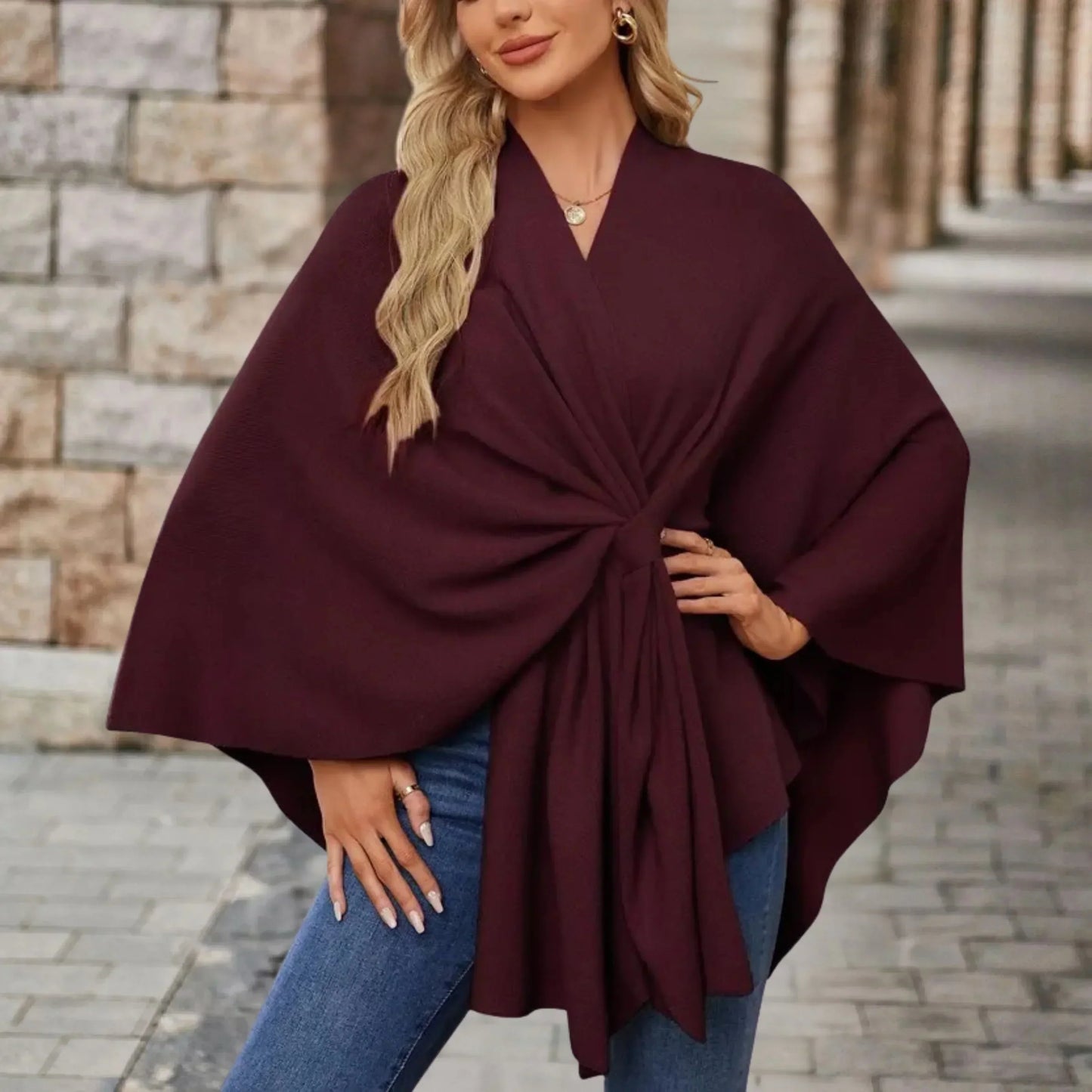 MODEGEIST Damen Poncho Leicht Draped Knoten-Design Oversized