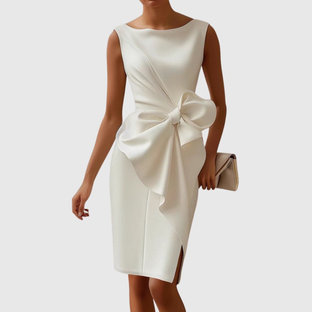 MODEGEIST Damen Midi-Kleid Carmenausschnitt Schleifendetail Schwarz