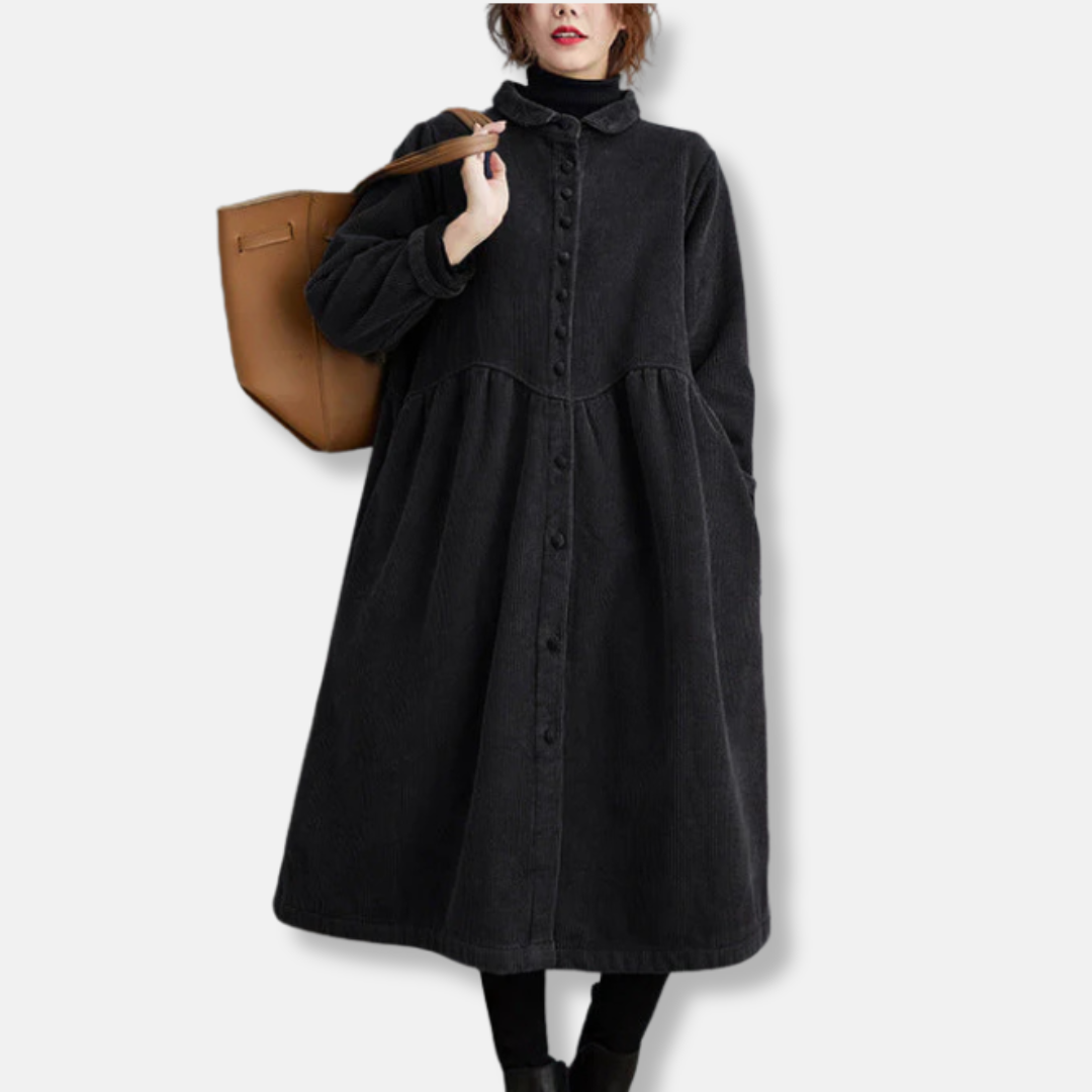 ModeGeist | Langer Mantel - Cord - A-Linie Lockere Passform - Hoher Kragen - Midi-Länge