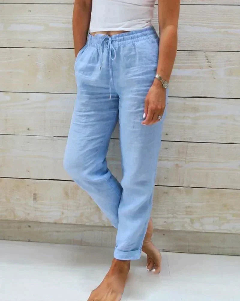 Damen Leinenhose mit Kordelzug und Taschen