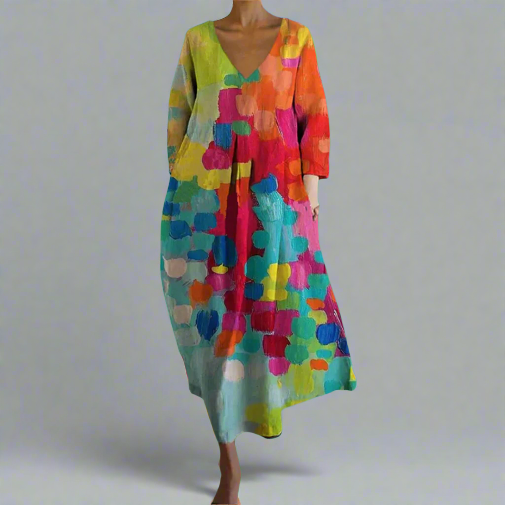 MODEGEIST Damen V-Ausschnitt Kleid Buntes Muster Locker