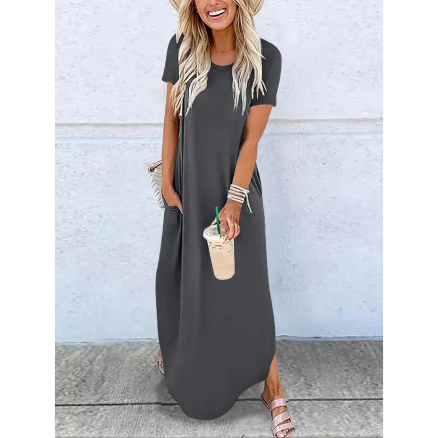 MODEGEIST Damen Maxi-Kleid Rundhals Casual Sommer