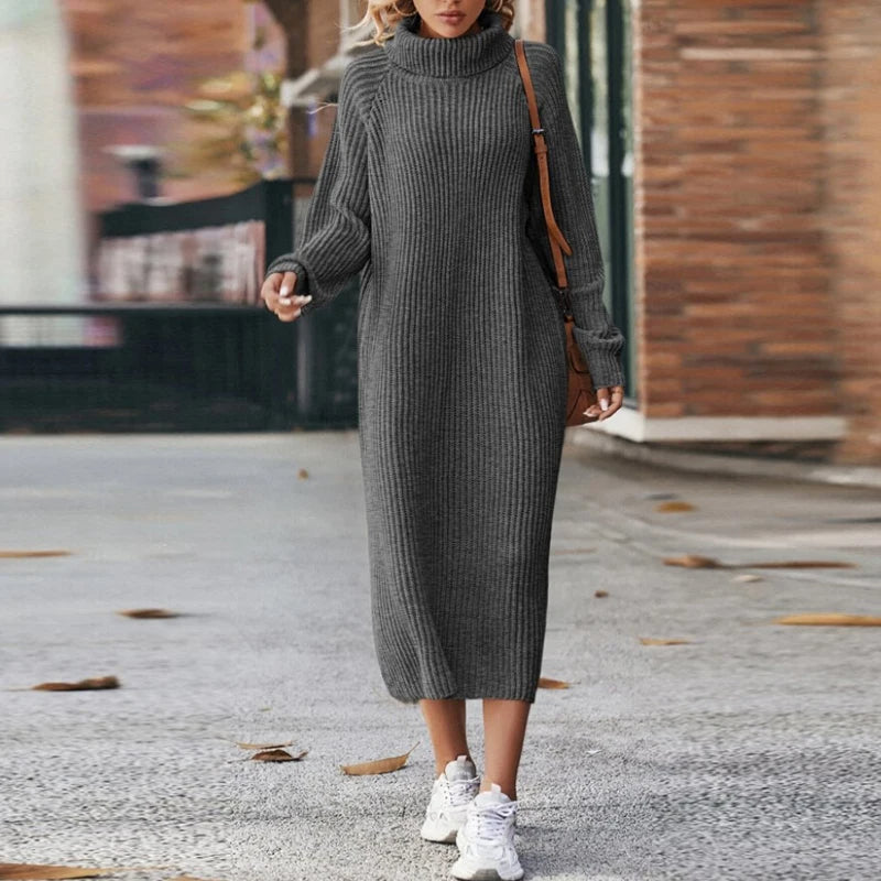 ModeGeist | Bequeme Damen Maxi Pullover Kleid mit Kragen