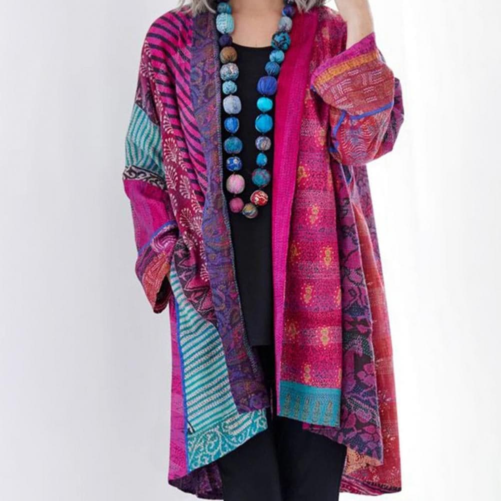 ModeGeist | Kimono-Jacke - Bohemian-Patchwork-Design - Leicht und Luftig - Langärmlig Offene Vorderseite