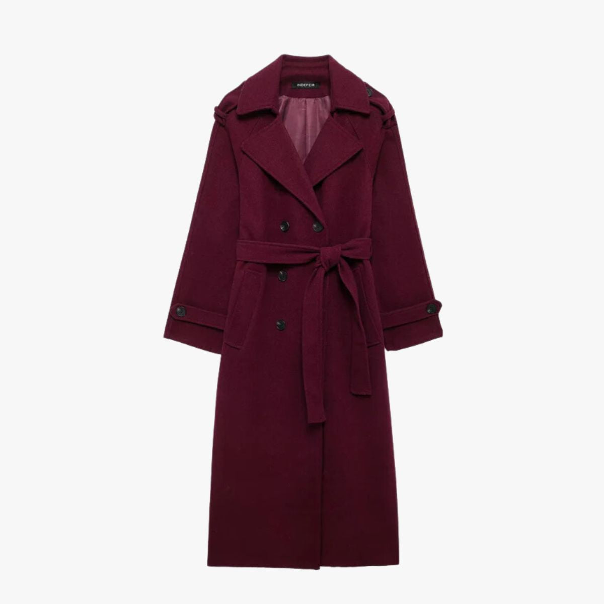 ModeGeist | Eleganter Trenchcoat in Bordeauxrot mit Gürtel