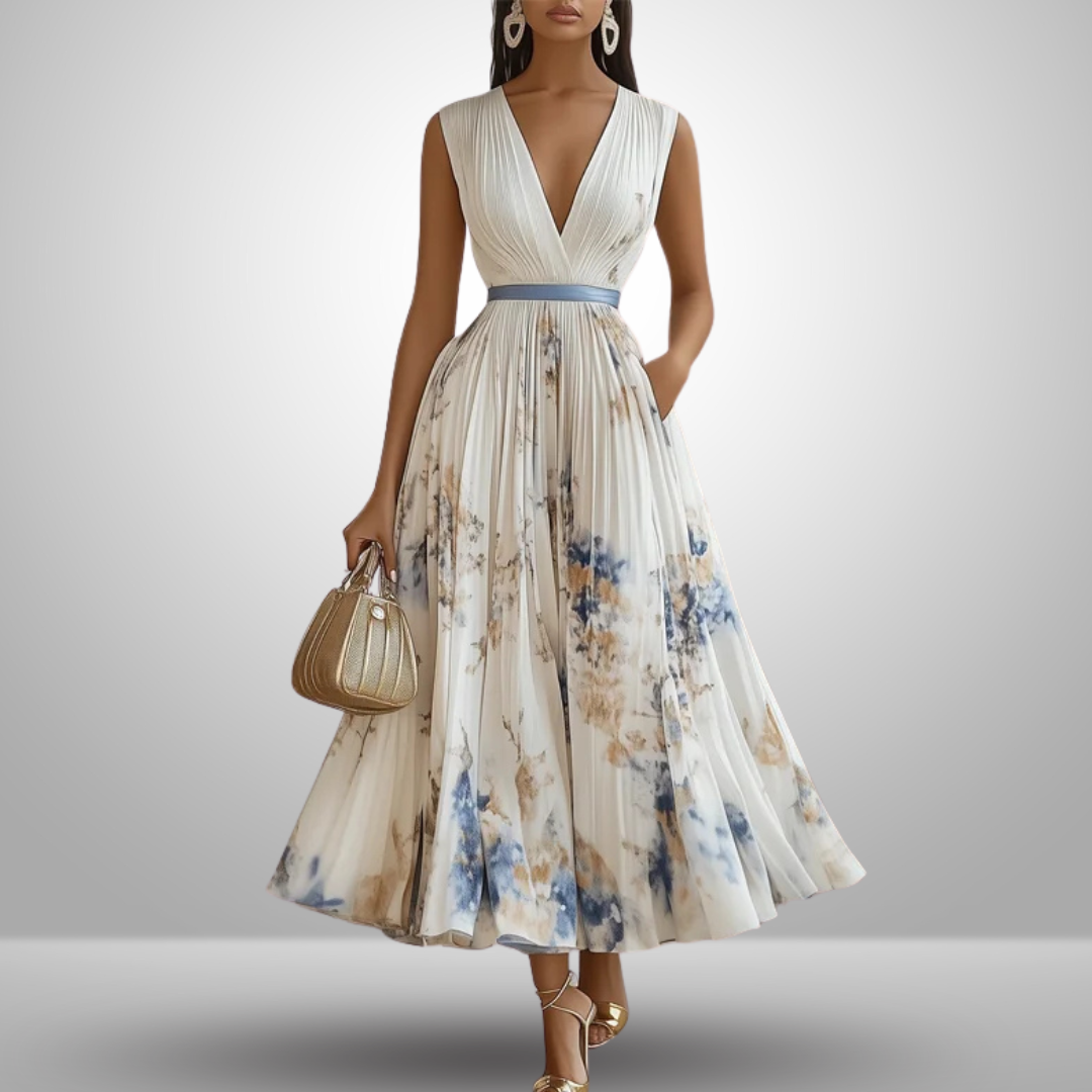 MODEGEIST Damen Maxi-Kleid V-Ausschnitt Ärmellos Leichter Stoff