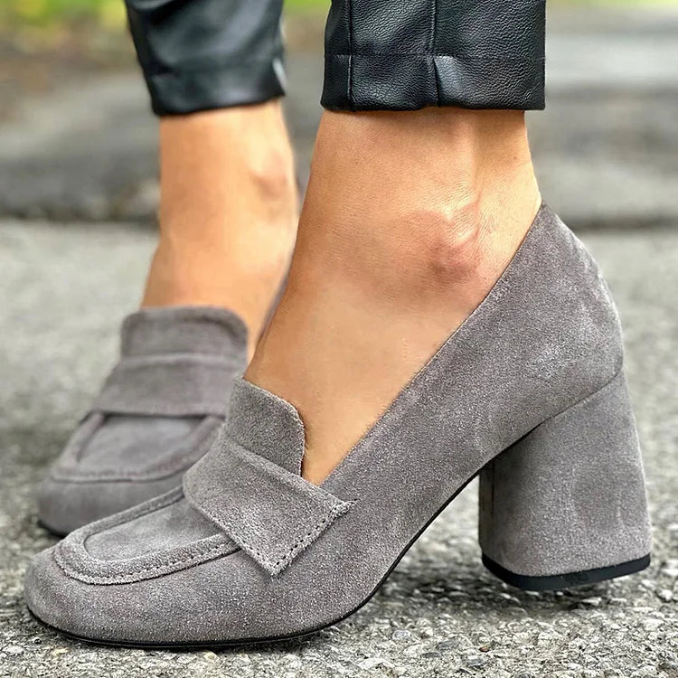 MODEGEIST Damen Loafer Block-Absatz Klassisch Schwarz