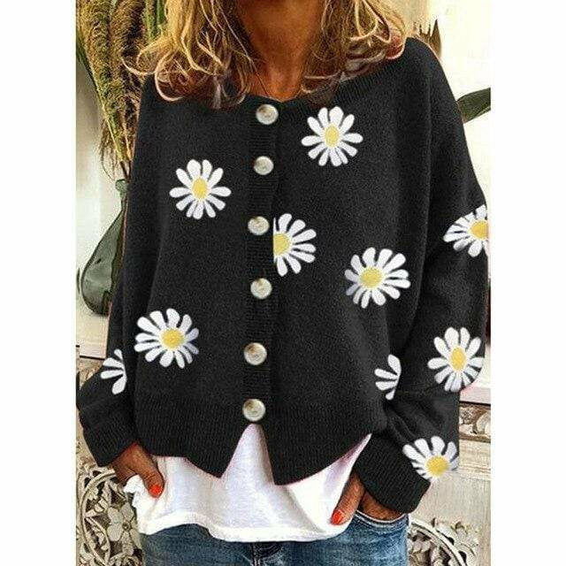 ModeGeist | Strickjacke - Damen Herbst Blumen Knopf-Überzieh Strickjacke