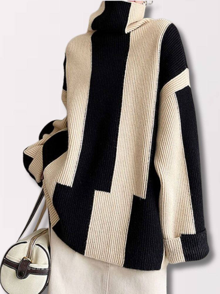 ModeGeist | Pullover - Damen Herbst Hochkragen Zweifarbiger Strickpullover - ModeGeist