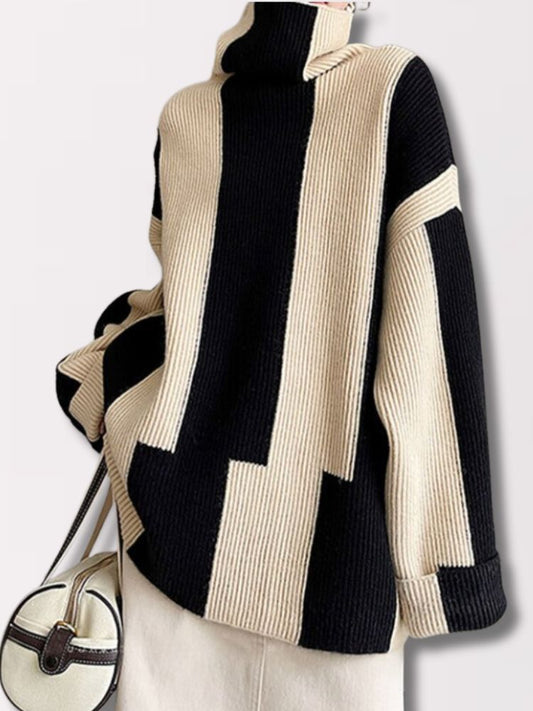 ModeGeist | Pullover - Damen Herbst Hochkragen Zweifarbiger Strickpullover - ModeGeist