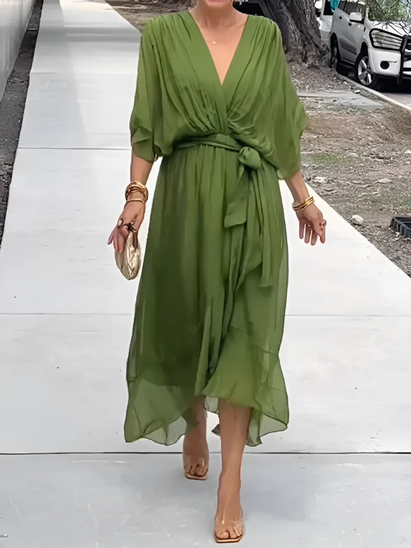 MODEGEIST Damen Wrap Midi-Kleid Verstellbarer Gürtel
