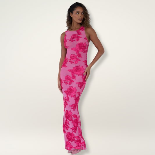 MODEGEIST Damen Maxi-Kleid Blumenmuster Rosa Fließend