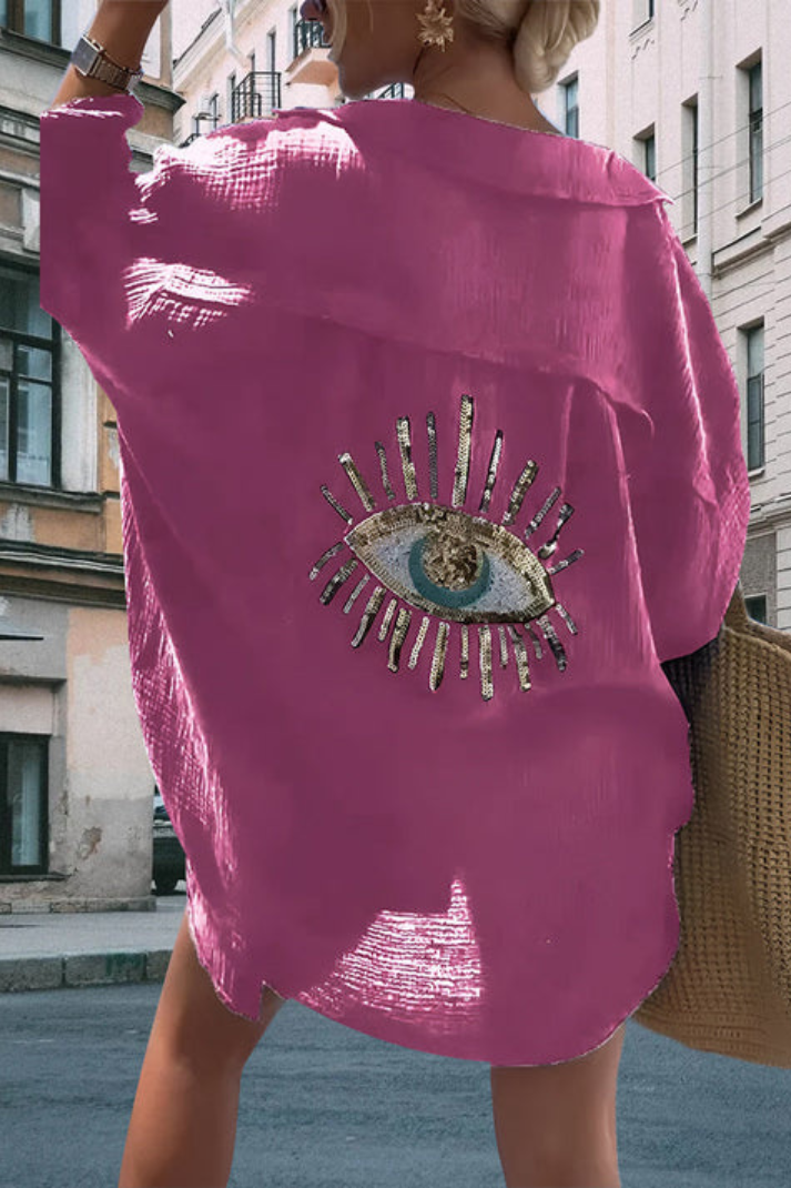 GÖNÜL: Oversize-Hemd mit Pailletten-Augen-Stickerei