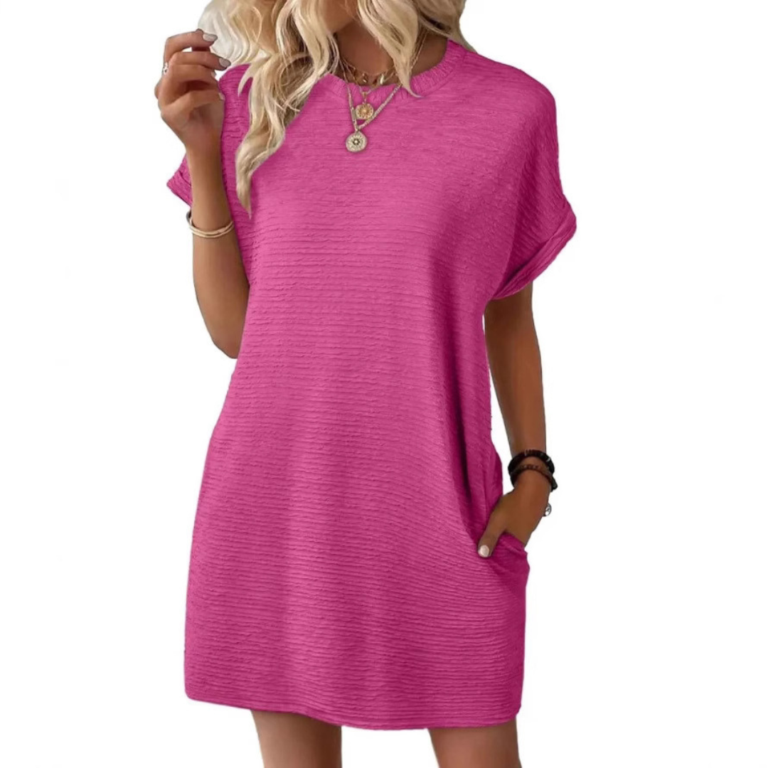 MODEGEIST Damen Mini-Kleid Pink Rundhals Rippenstruktur