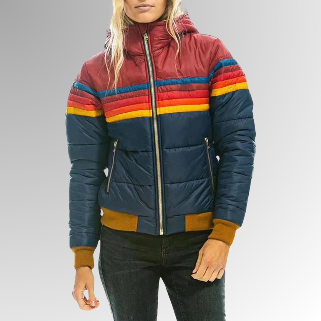 MODEGEIST Damen Retro Zip-Jacke Regenbogen-Streifen Funktionsjacke