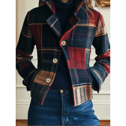 MODEGEIST Damen Blazer Karo-Muster Knopfverschluss Seitentaschen