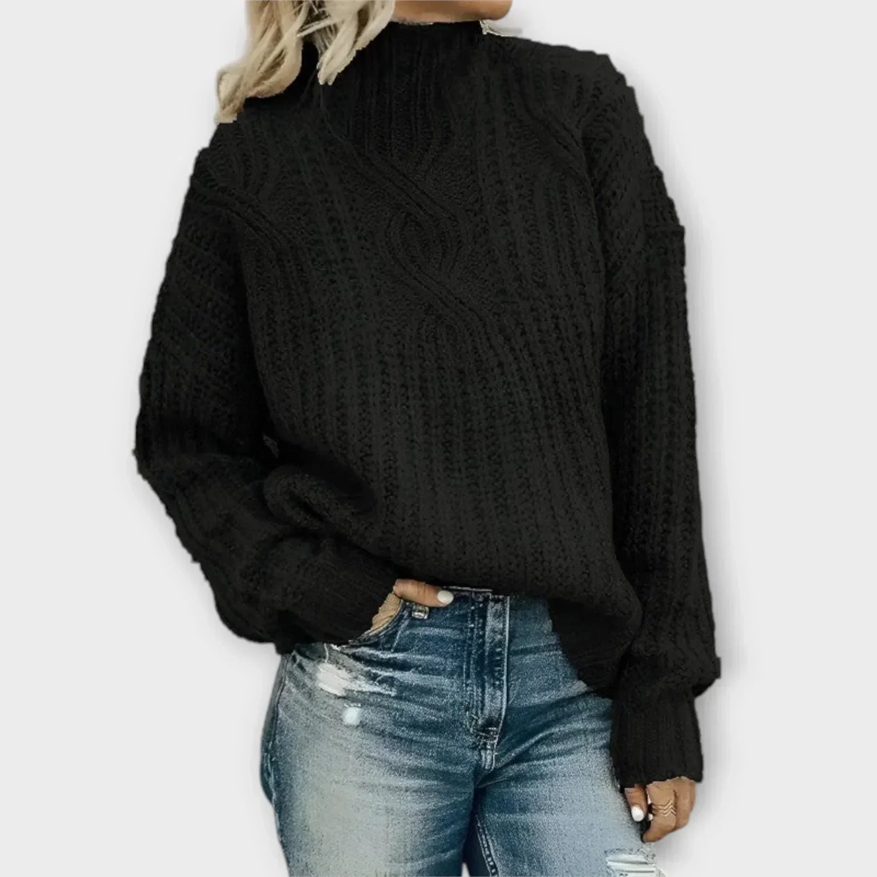 MODEGEIST Damen Pullover Stehkragen Zopfmuster Beige Strick