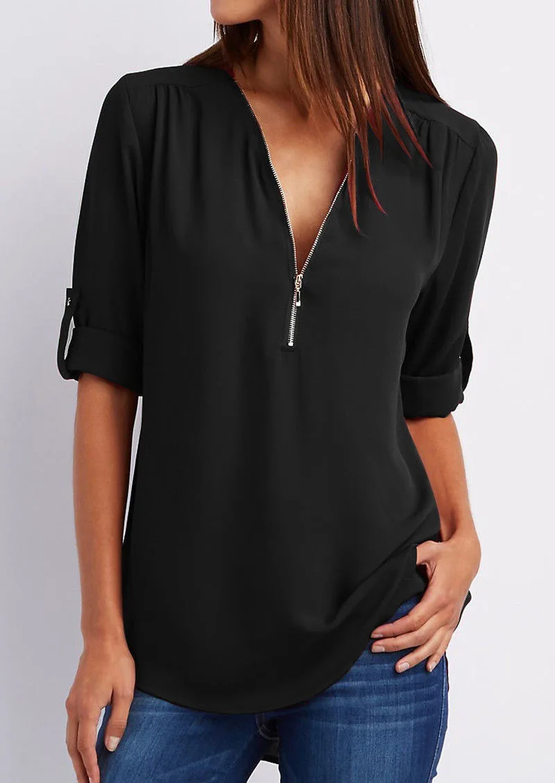 V-Ausschnitt Bluse mit Reißverschluss - Tina