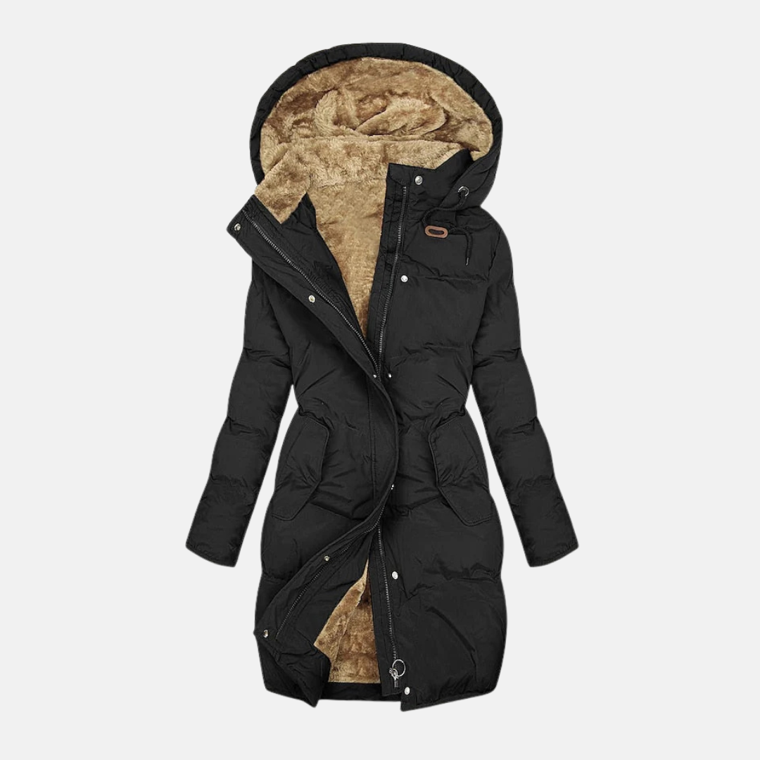 ModeGeist | Lange Pufferjacke - Wasserabweisend - Gefüttert - Verstellbare Taille - Kapuze mit Futter
