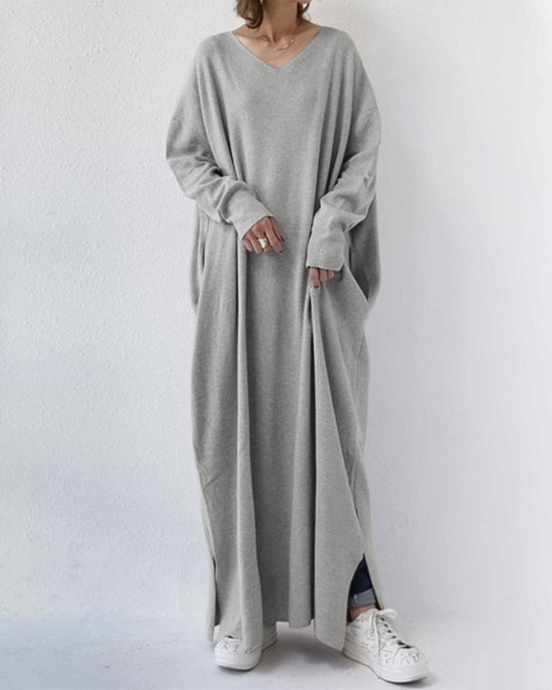 MODEGEIST Damen Winter Maxikleid Langarm Fließend Grau