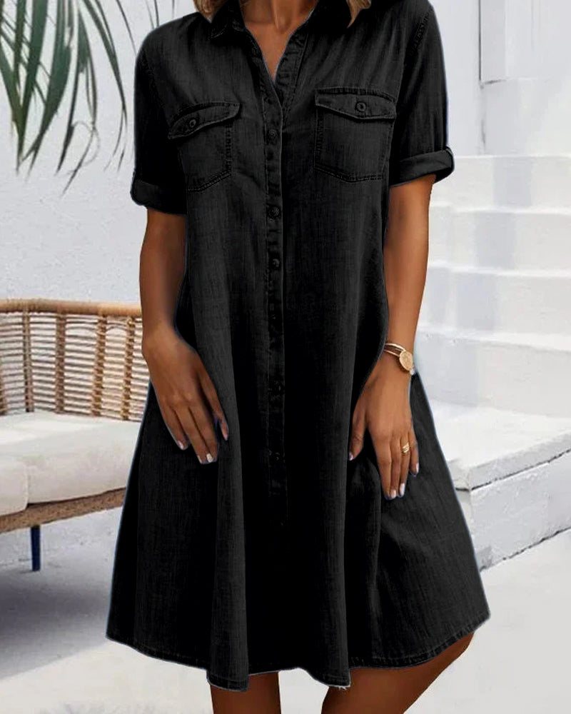 MODEGEIST Damen Jeanskleid Kurzarm Entspannte Passform Casual