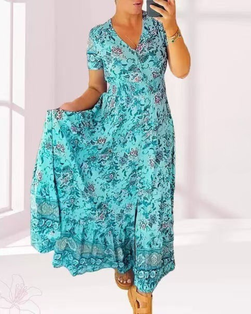 TESSA: Langes gemustertes Kleid mit Knopfleiste