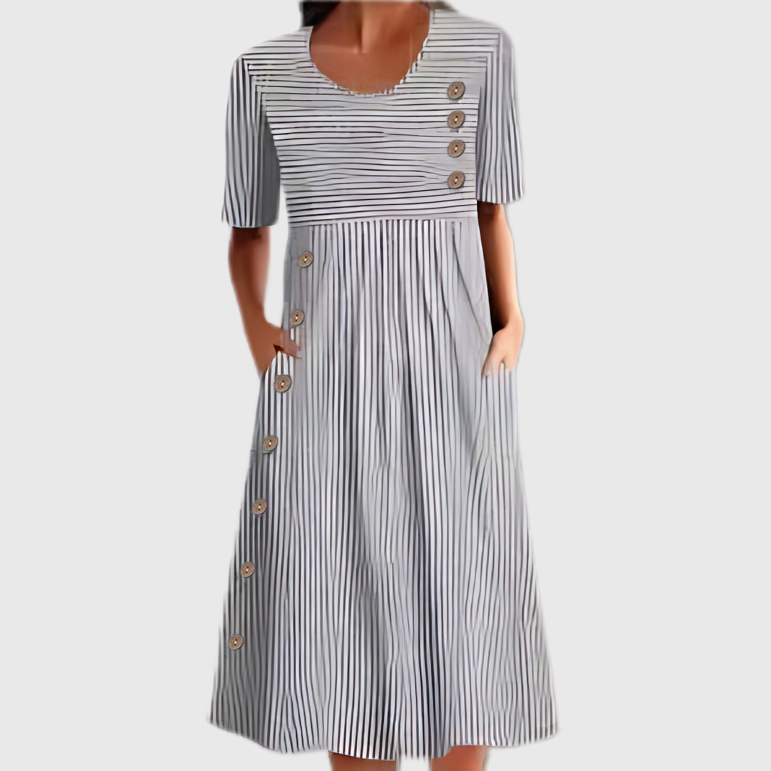 MODEGEIST Damen Midi-Kleid Gestreift Knopfdetails Klassisch
