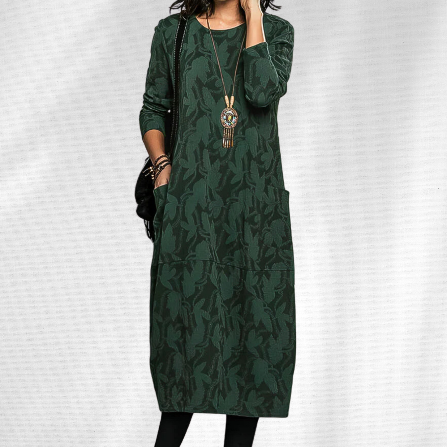 MODEGEIST Damen Winter-Kleid Langarm Rundhals Blumenmuster
