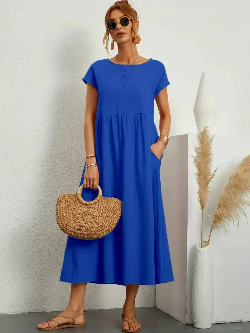 MODEGEIST Damen Sommerkleid A-Linie Kurzarm Leicht Beige