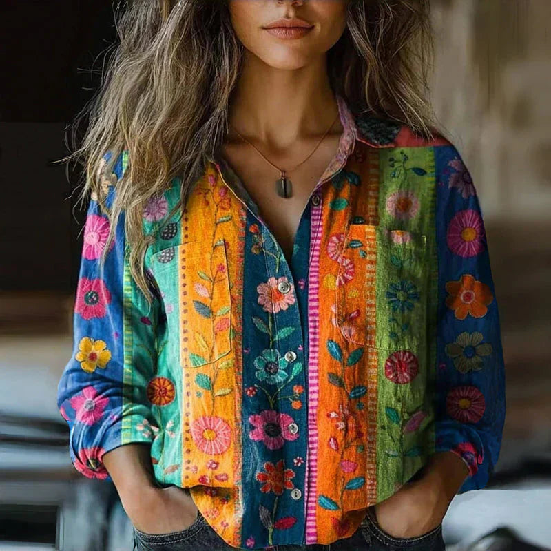 MODEGEIST Damen Vintage Bluse Bohème Muster Leicht Bunt