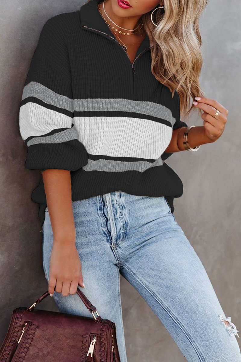 ModeGeist | lässiger Strickpullover mit Reißverschluss und Patchwork-Kragen