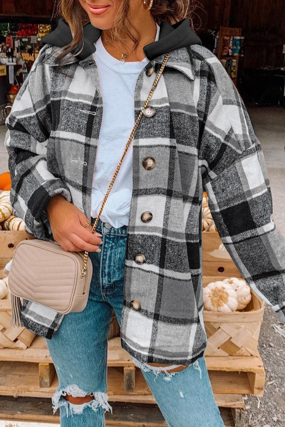 ModeGeist | Gitter Oversized Jacke mit Kapuze Lässiger Komfort Warm und Trendy
