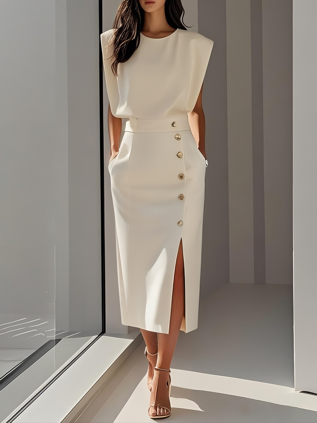 MODEGEIST Damen Midi-Kleid Entspannter Schnitt Beige