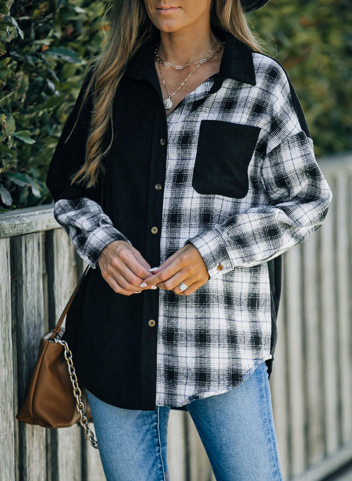 ModeGeist | Karierte Farbblock Gefallen Schulter Corduroy Shacket