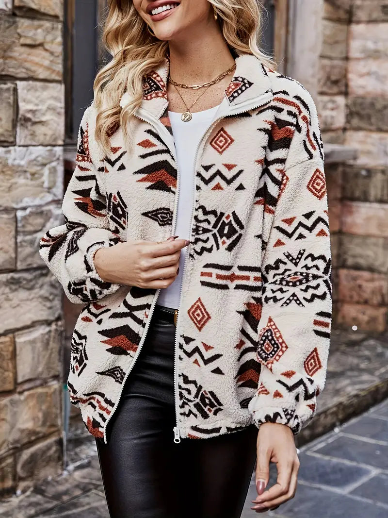 ModeGeist | Elegante Fleecejacke mit Geometrischem Muster