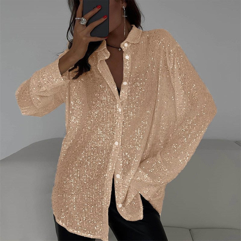 Modisches, langärmliges Pailletten-Shirt mit Revers von Fudus – perfekt für Partys und Streetstyle