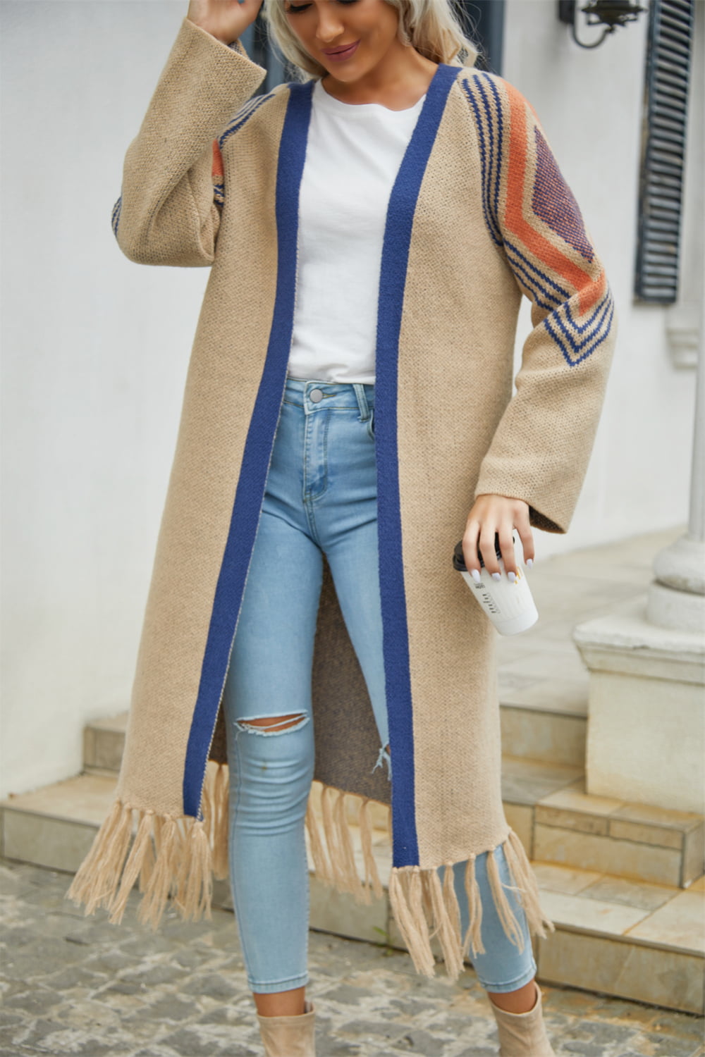 ModeGeist | Geometric Fringe Hem Offene Front Duster Cardigan