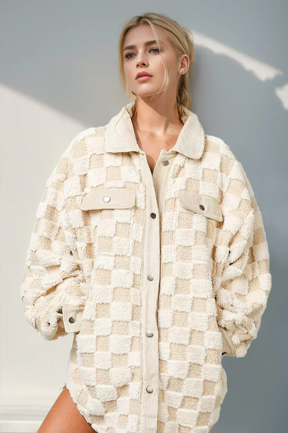 ModeGeist | Jacke mit Karostruktur Knopfverschluss Weich und Übergrößen