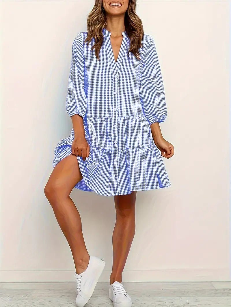 MODEGEIST Damen Mini-Kleid Vichy-Karo Rosa 3/4-Ärmel Knopfleiste