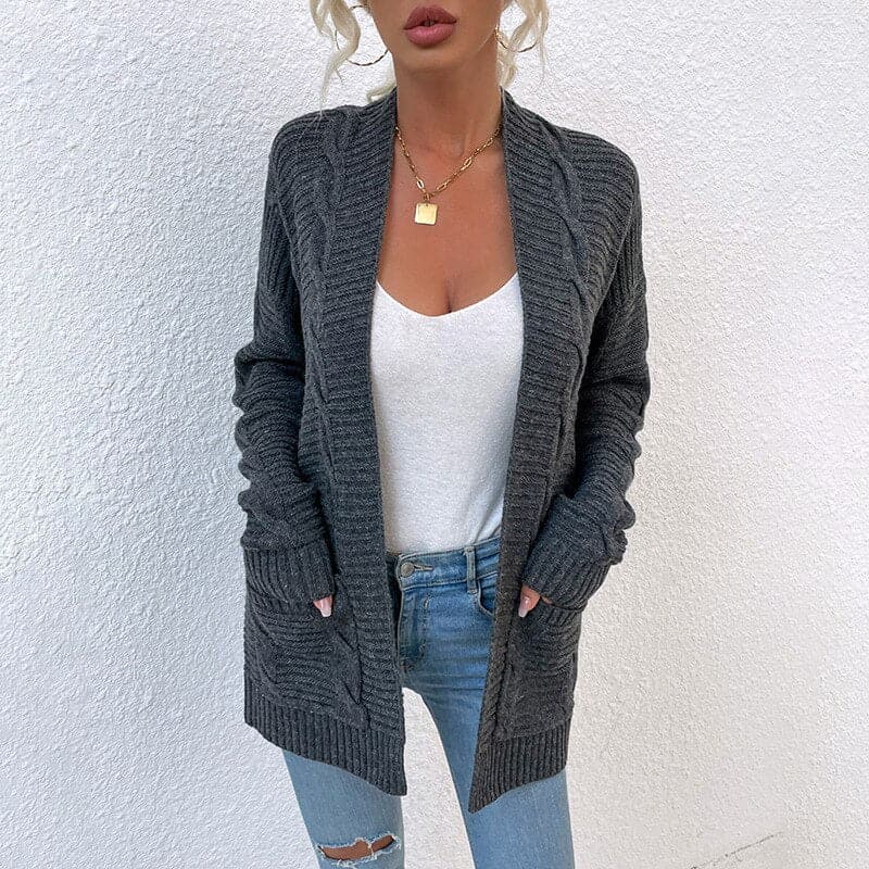 ModeGeist | Cardigan - Strick Kabelstrick - Offene Front - Lange Ärmel mit Taschen