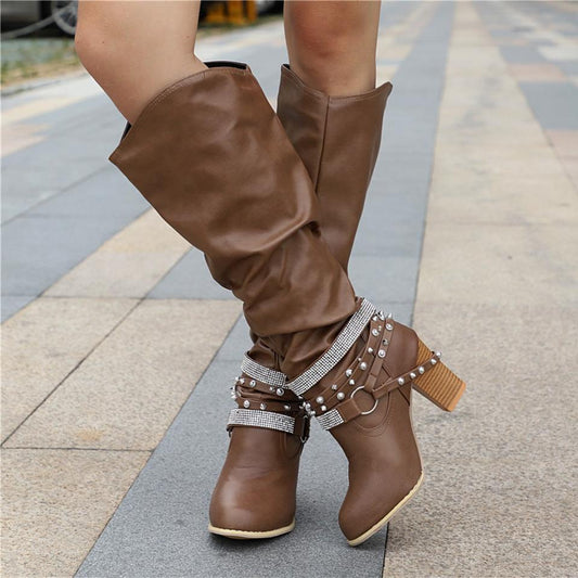 MODEGEIST Damen Kniehohe Slouchy-Stiefel Blockabsatz Braun