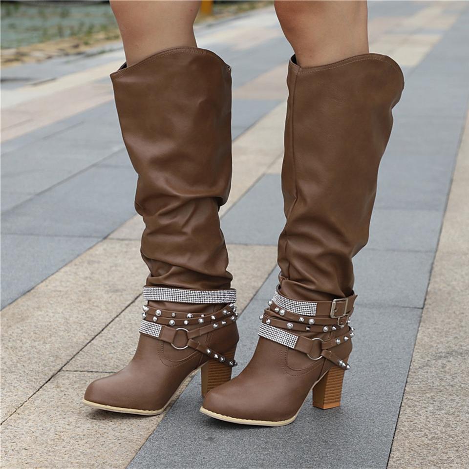 MODEGEIST Damen Kniehohe Slouchy-Stiefel Blockabsatz Weiches Design