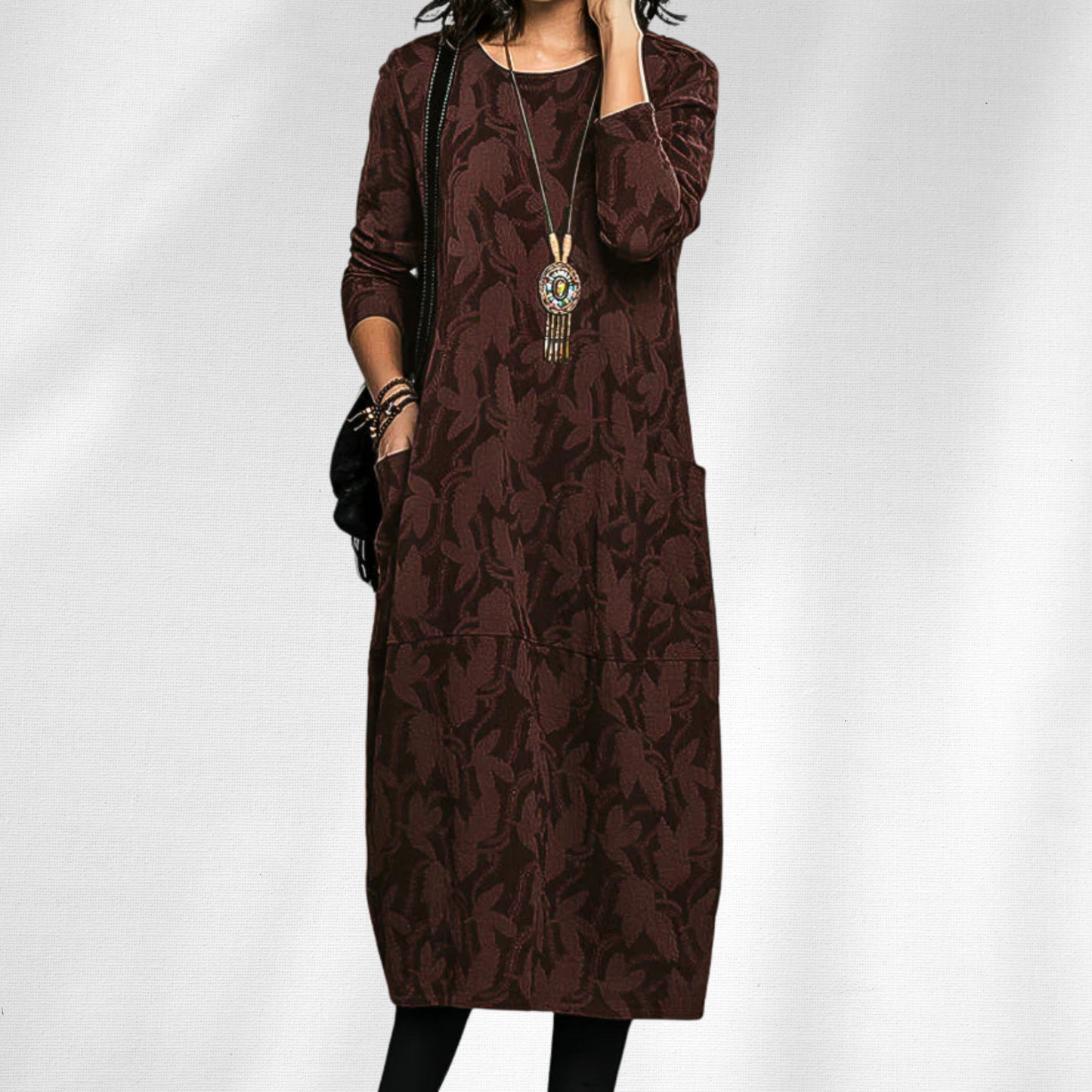 MODEGEIST Damen Winter-Kleid Langarm Rundhals Blumenmuster Warm