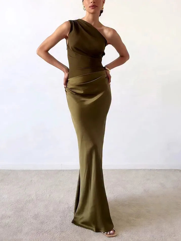 MODEGEIST Damen One-Shoulder Maxi-Kleid Plissiert Fließend Elegant